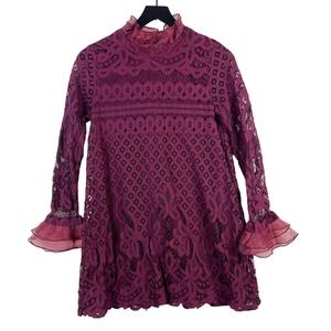 Lulus (S) Lace Mock Neck Mini A-Line Dress Maroon Red 3/4 Sleeve